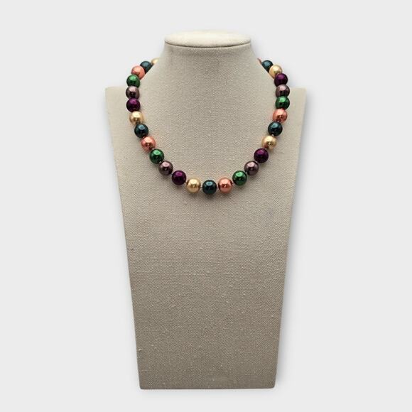 Red Gold Champagne Multi Color Pearl Beaded Statement Necklace Y2K Holiday Glam - Picture 1 of 8